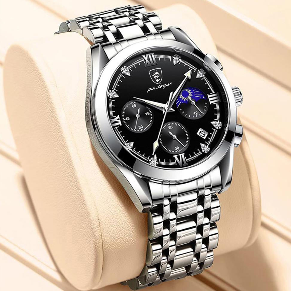 POEDAGAR 820 Watch Casual Chronograph Men's Watches Stainless Steel Band Business Wristwatch Quartz Clock With Luminous Pointers